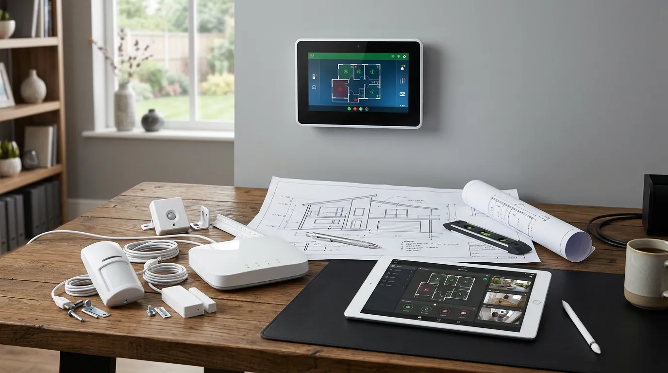 Modern home security system control panel with alarm central, sensors on desk, blueprints and tablet showing security app interface