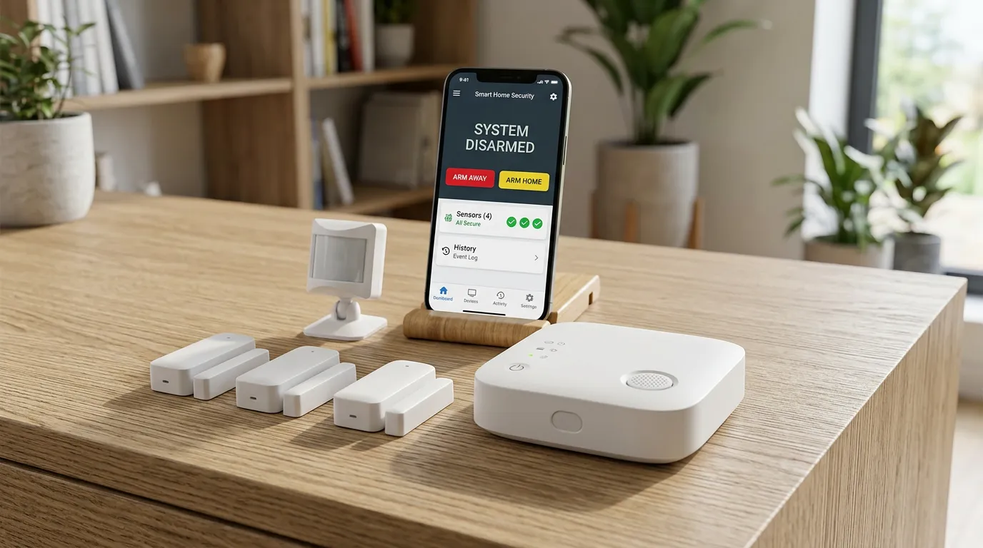 Budget-friendly wireless alarm kit displayed: basic central station, few sensors, smartphone app interface showing on screen, cost-effective security setup