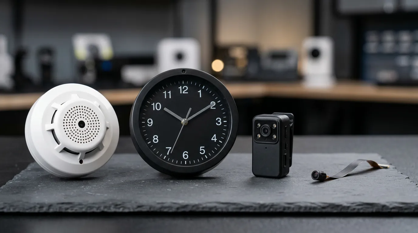 Discreet surveillance solutions: hidden camera in smoke detector, clock camera, and miniature camera devices arranged on dark surface, security equipment