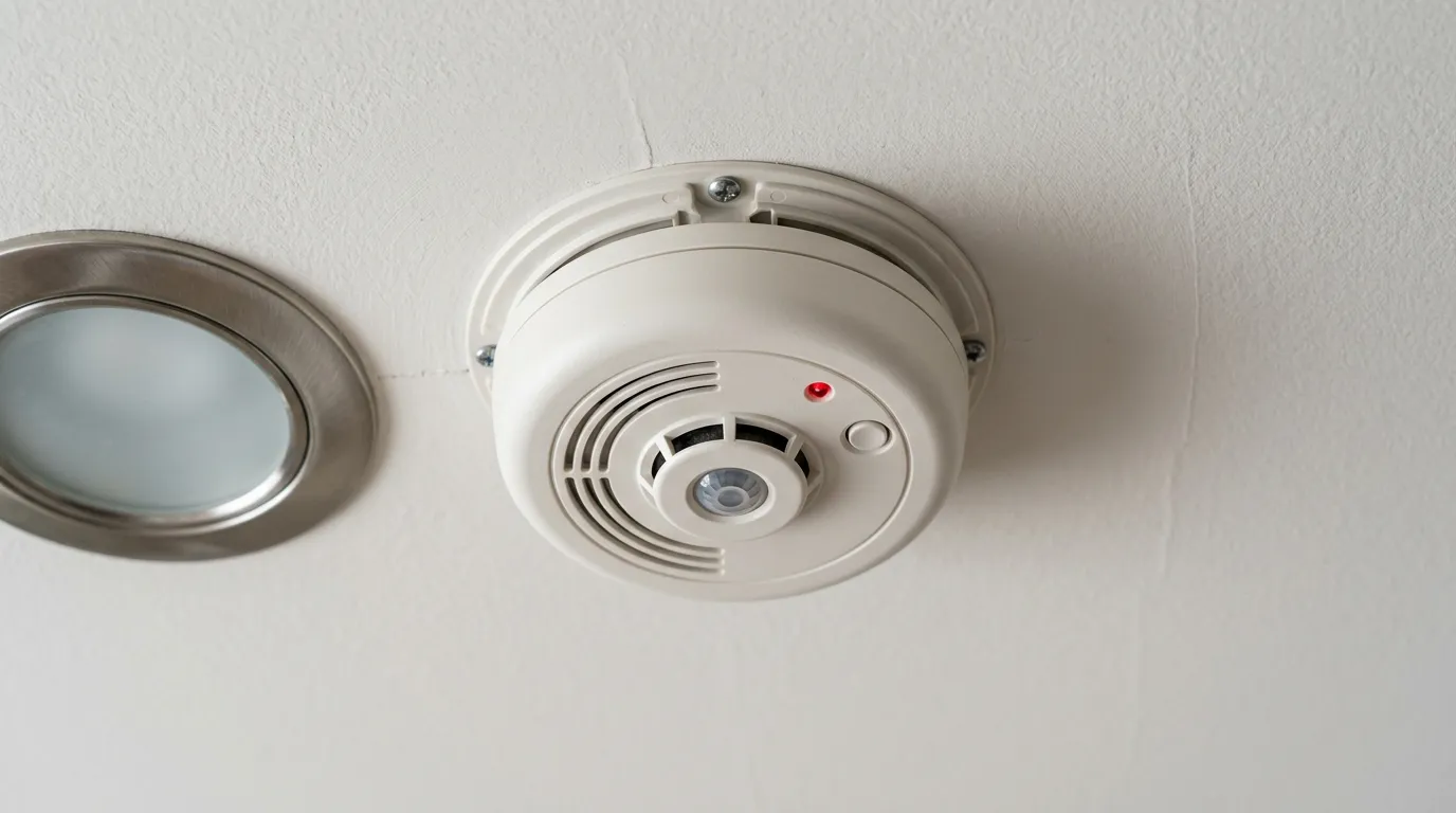 Smoke detector installed on white ceiling, visible sensor lens, mounted correctly near fixture, close-up professional view